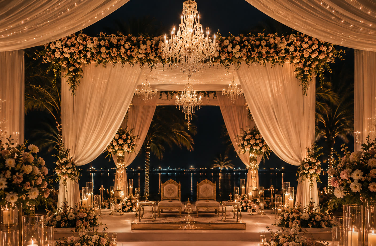 A mandap dressed in candlelight above the water